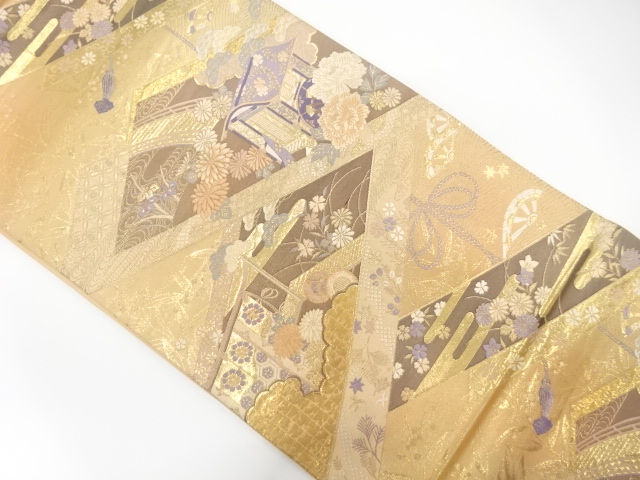 アンティーク　御所車に几帳・花模様織り出し袋帯（材料）